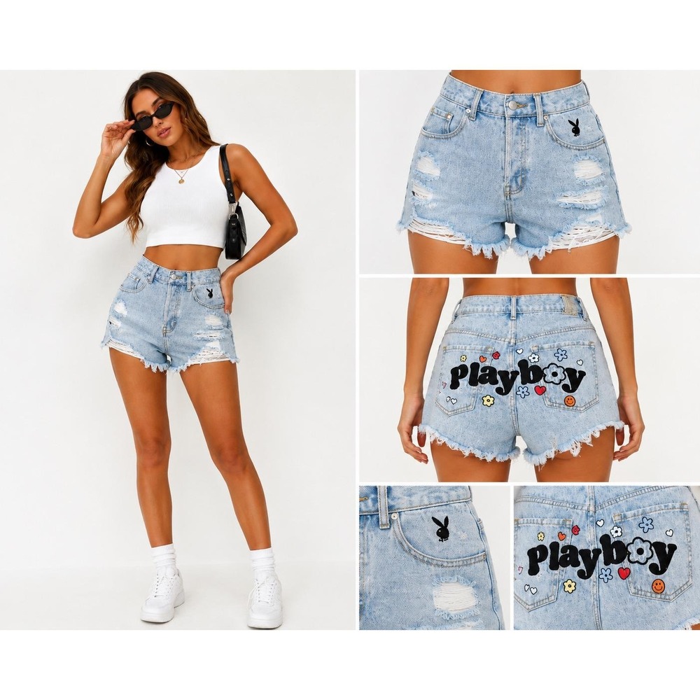 Playboy PacSun Denim Shorts Womens 26 Light Blue Distressed Graphic High Rise